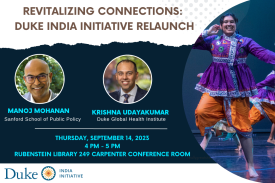 Flyer of the event which include speakers&#39; names, affiliations and headshots,title, date, time location of the event and also a picture of a girl doing Indian dance